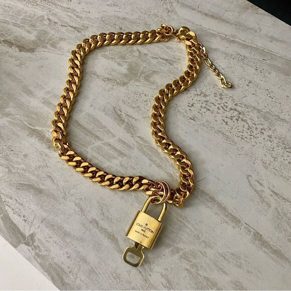 LOUIS VUITTON Lock and key 🔐 on Gold Tone Necklace #307 - Picture 10 of 15